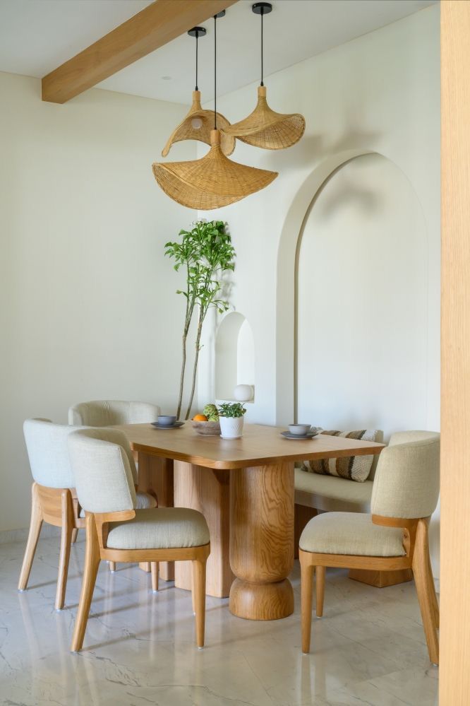 Modern Solid Wood Dining Set with Curved Upholstered Chairs & Sculptural Base – 6-Seater
