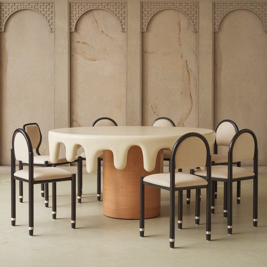 Giggly Cream Drip Designer Dining Set with Round Table and 6 Modern Arch Chairs