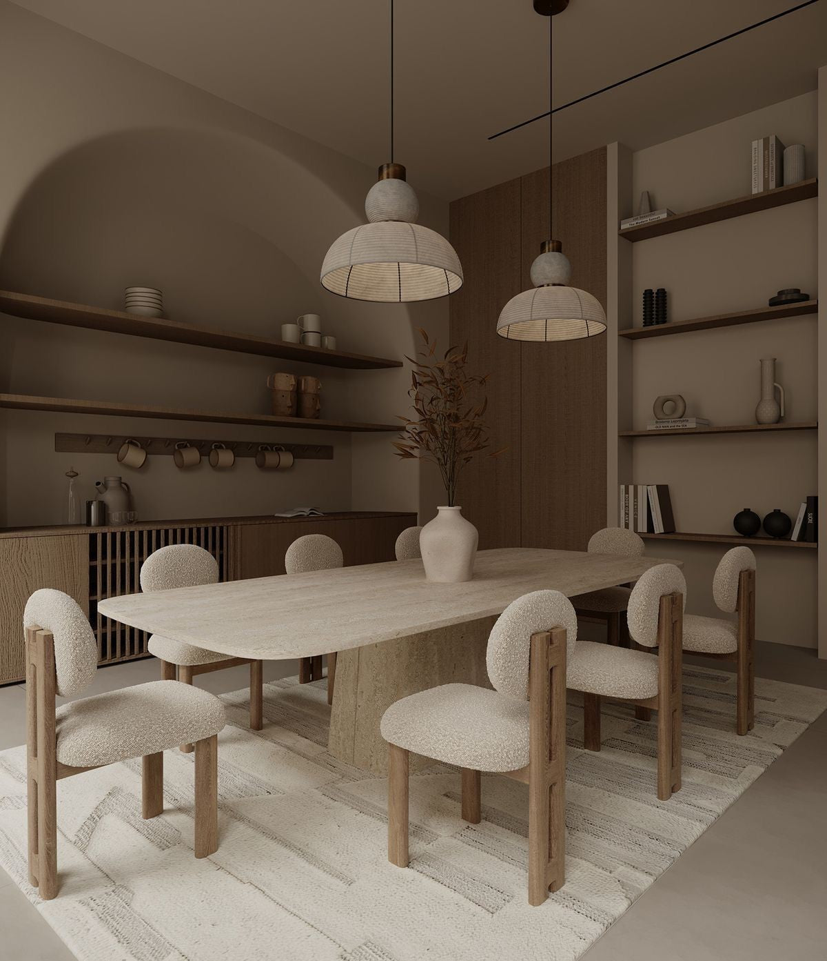 Hax Contemporary 8 Seater Dining Set with Bouclé Chairs & Natural Stone-Top Table