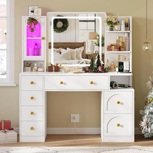 White Vanity Desk with LED Mirror, 7 Drawers, Storage Shelves & RGB Glass Cabinet