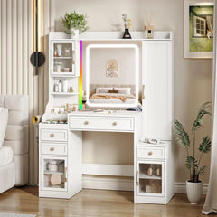 Xapored White Vanity Table With Jewelry Cabinet - Wooden Bazar