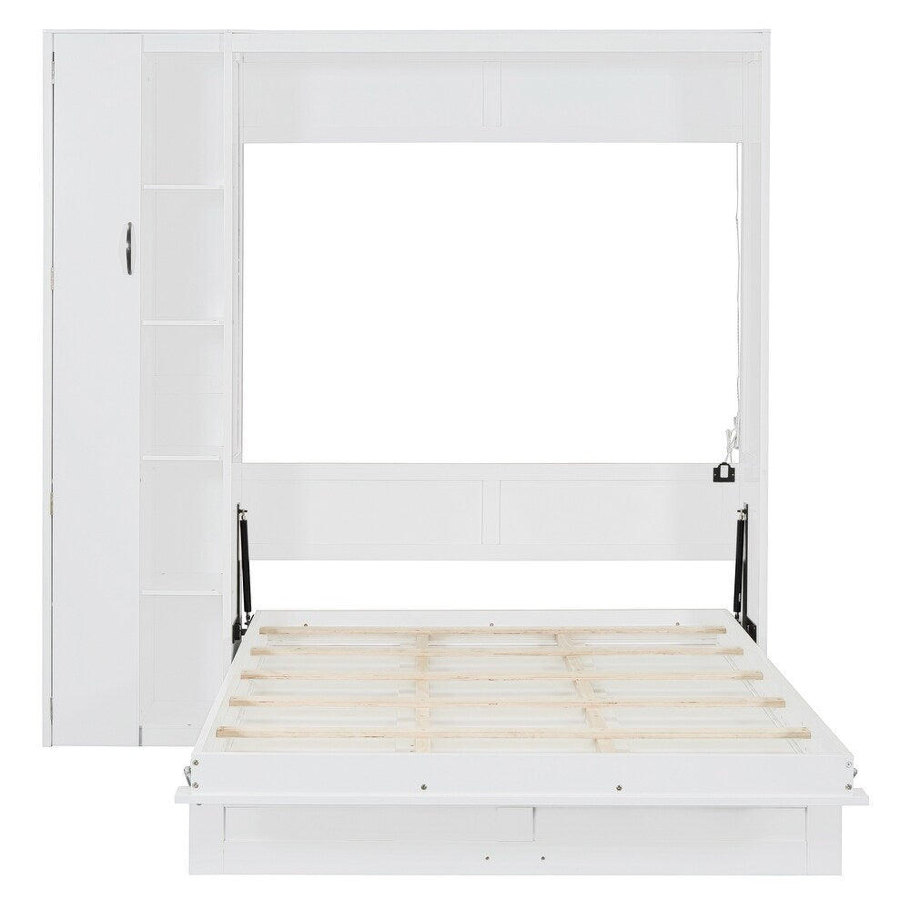 Wood Murphy Bed Foldable Wall Bed w/ Shelves, Wardrobe & LED Lights