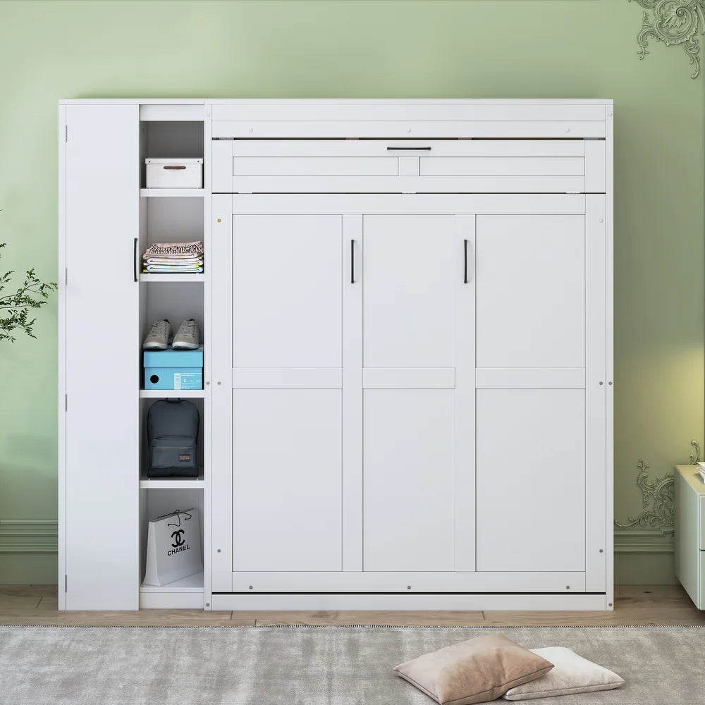 Wood Murphy Bed Foldable Wall Bed w/ Shelves, Wardrobe & LED Lights