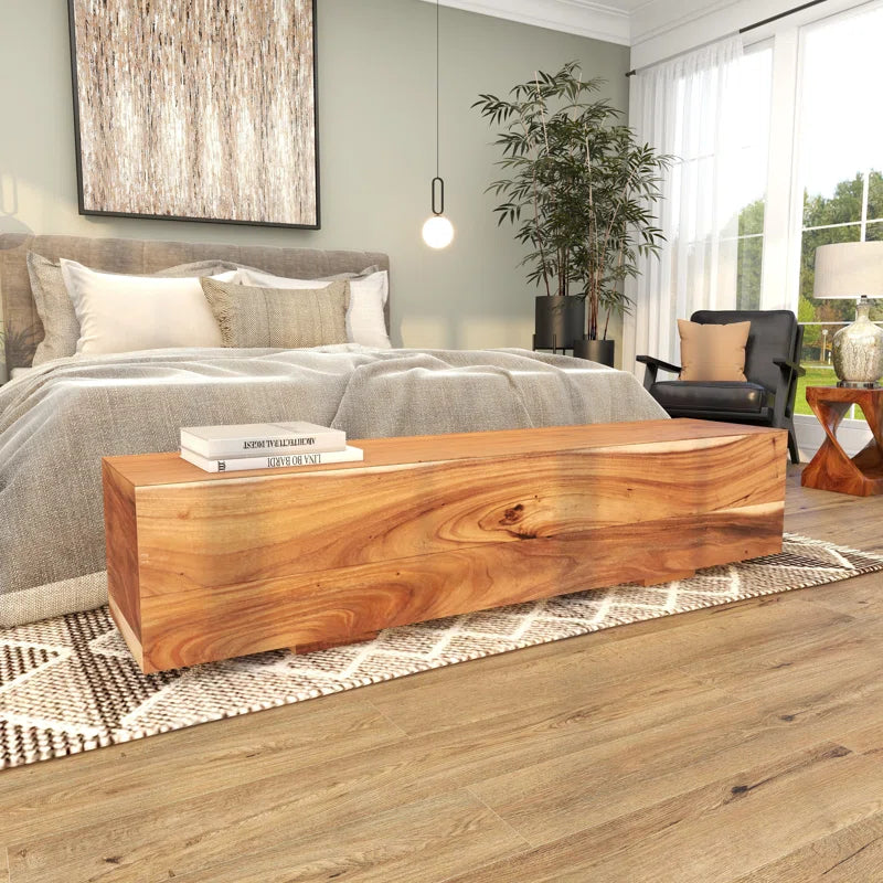 Jaknandi Wood Block Rectangular Bench with Elevated Base