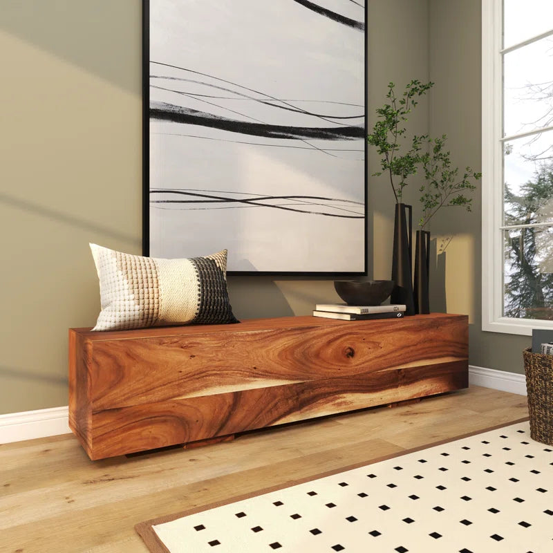 Jaknandi Wood Block Rectangular Bench with Elevated Base
