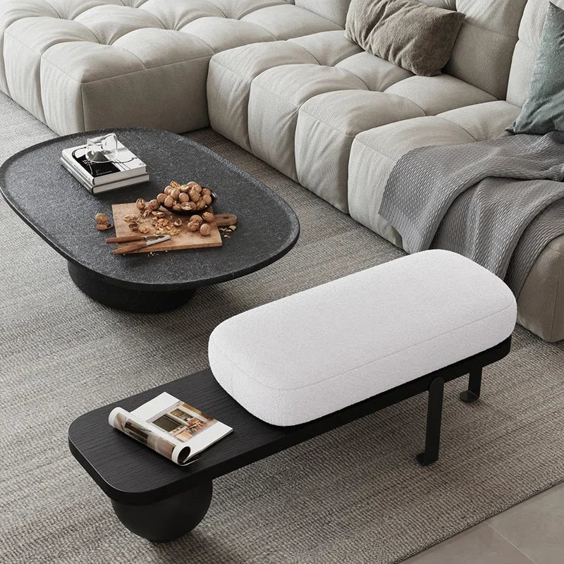 Samiop Wooden Entryway Bench Boucle Upholstered with Abstract Metal Legs