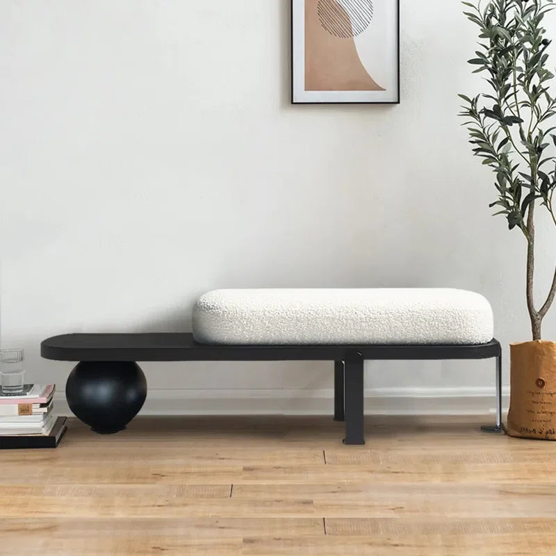 Samiop Wooden Entryway Bench Boucle Upholstered with Abstract Metal Legs