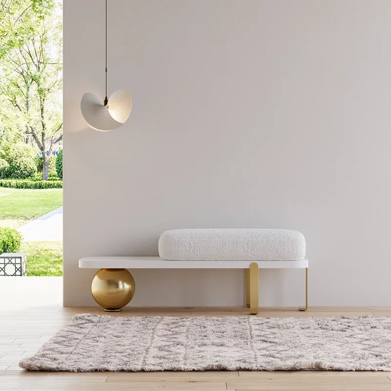 Samiop Wooden Entryway Bench Boucle Upholstered with Abstract Metal Legs