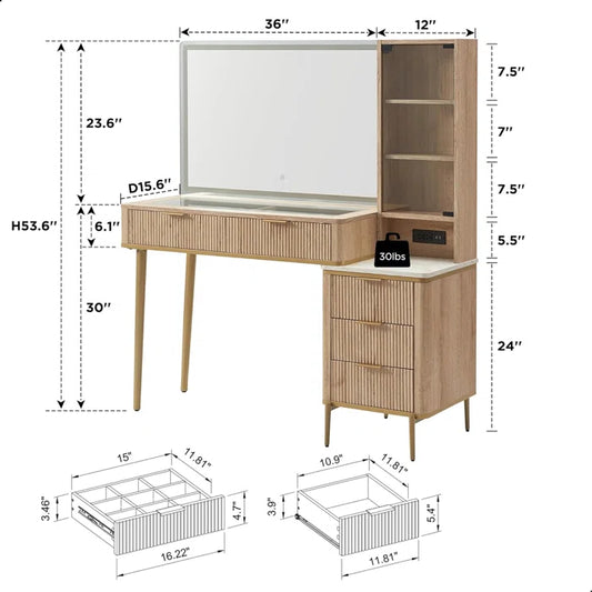48" Makeup Vanity with 36" Lighted Mirror, 4 Dressers & Charging Station & 3 Light Modes