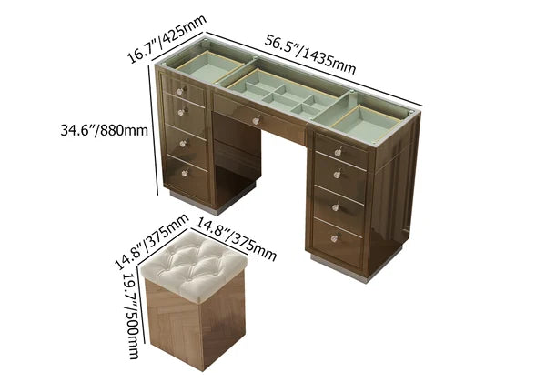 Glam Mirrored Makeup Vanity Set 9-Drawer Dressing Table with Glass Top & Jewelry Storage - Wooden Bazar