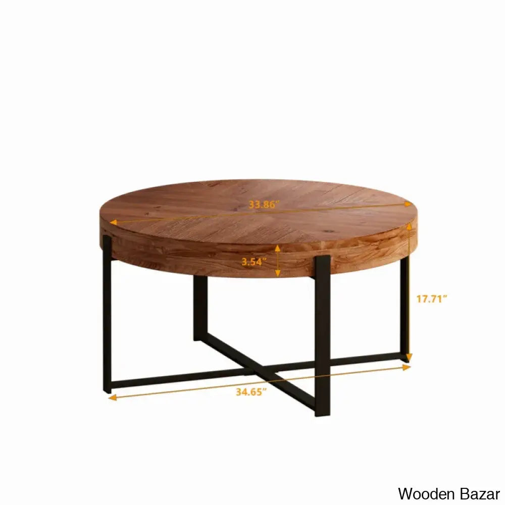 Abbiss Floor Shelf Coffee Table Round Wood With Cross Metal Base And Center Table