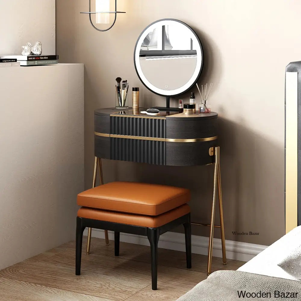 Adaisia Vanity Dressing Table With Mirror And Stool Gold/Black Brown