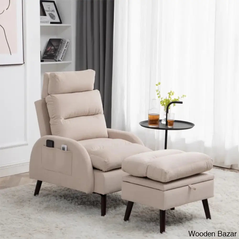 Adjustable Accent Lounge Recliner Chair With Storage Ottoman Khaki Velvet