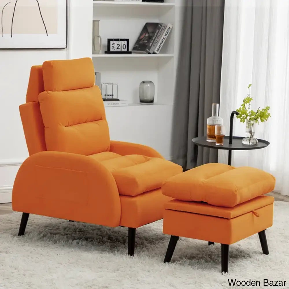 Adjustable Accent Lounge Recliner Chair With Storage Ottoman Orange Velvet