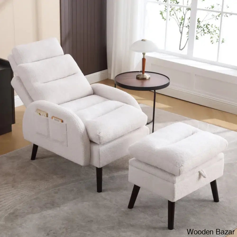 Adjustable Accent Lounge Recliner Chair With Storage Ottoman White Teddy