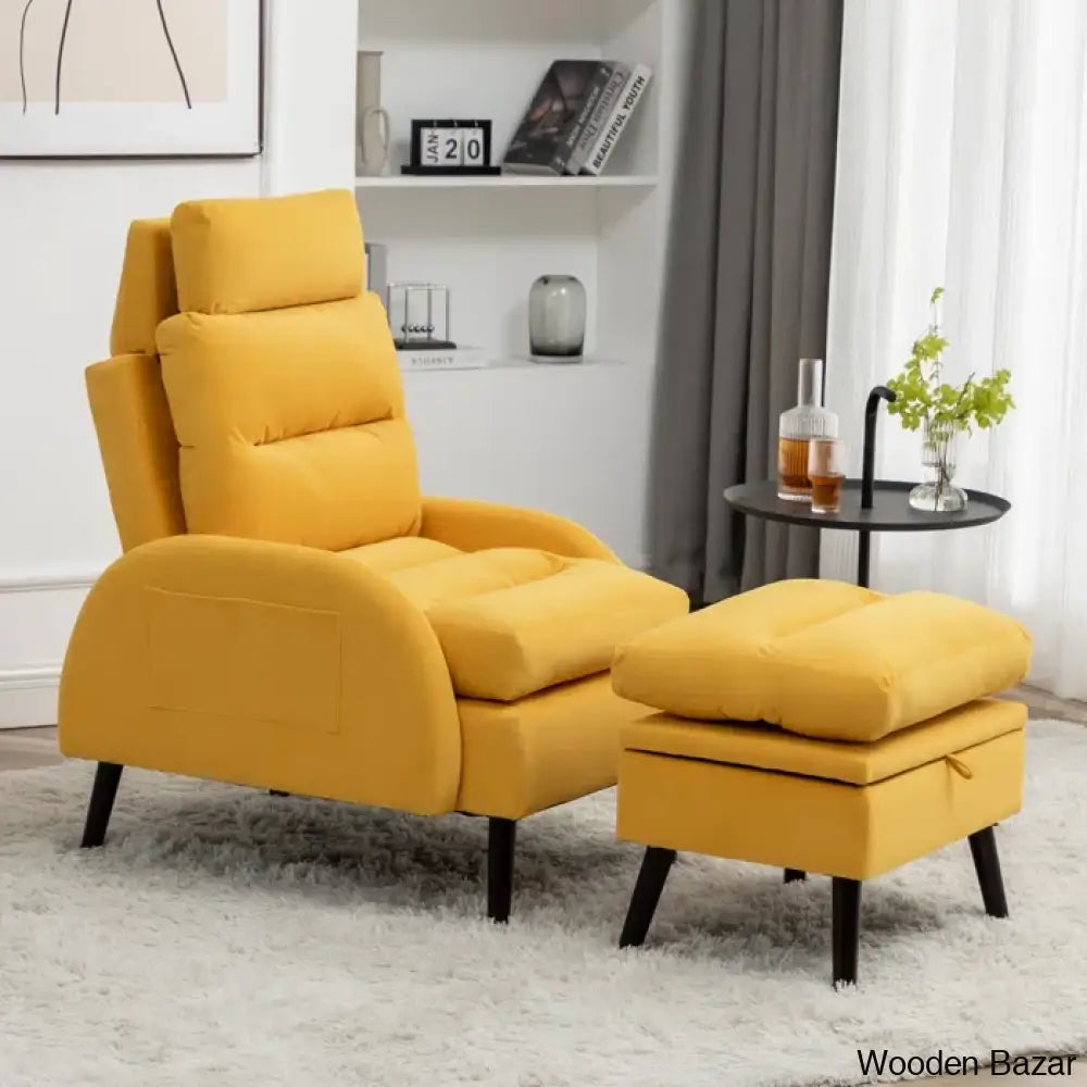 Adjustable Accent Lounge Recliner Chair With Storage Ottoman Yellow Velvet