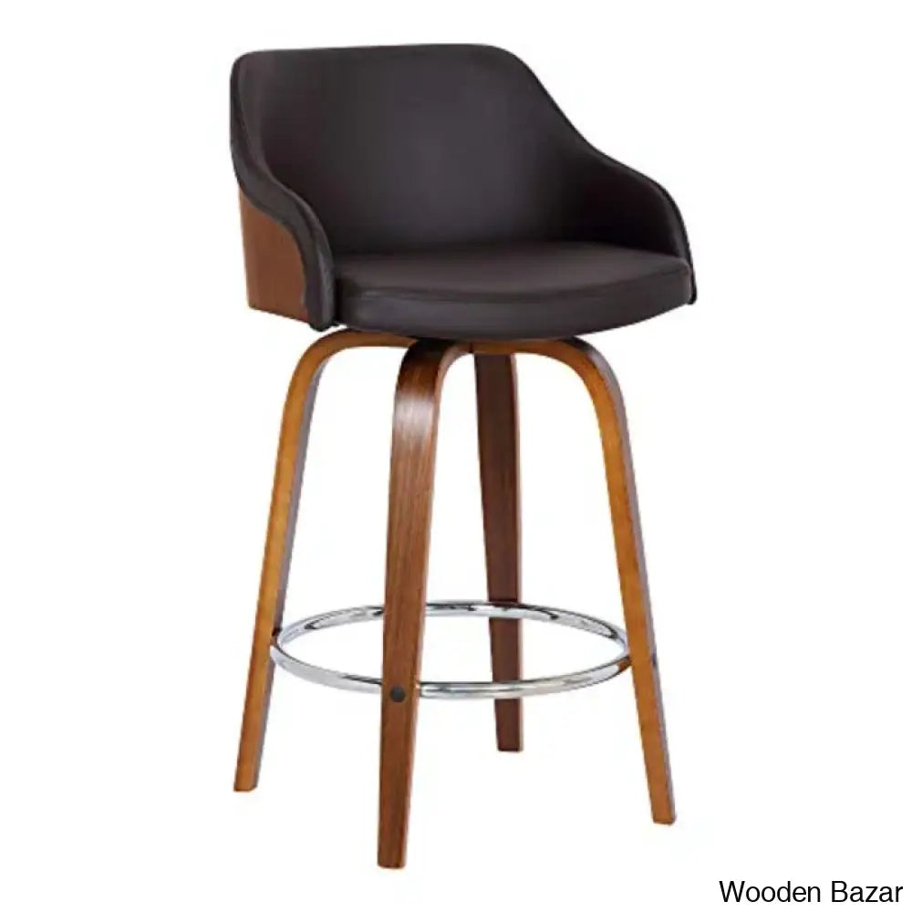 Aikene Swivel Counter Or Bar Height Stool With Arms In Faux Leather Plywood And Metal Footrest