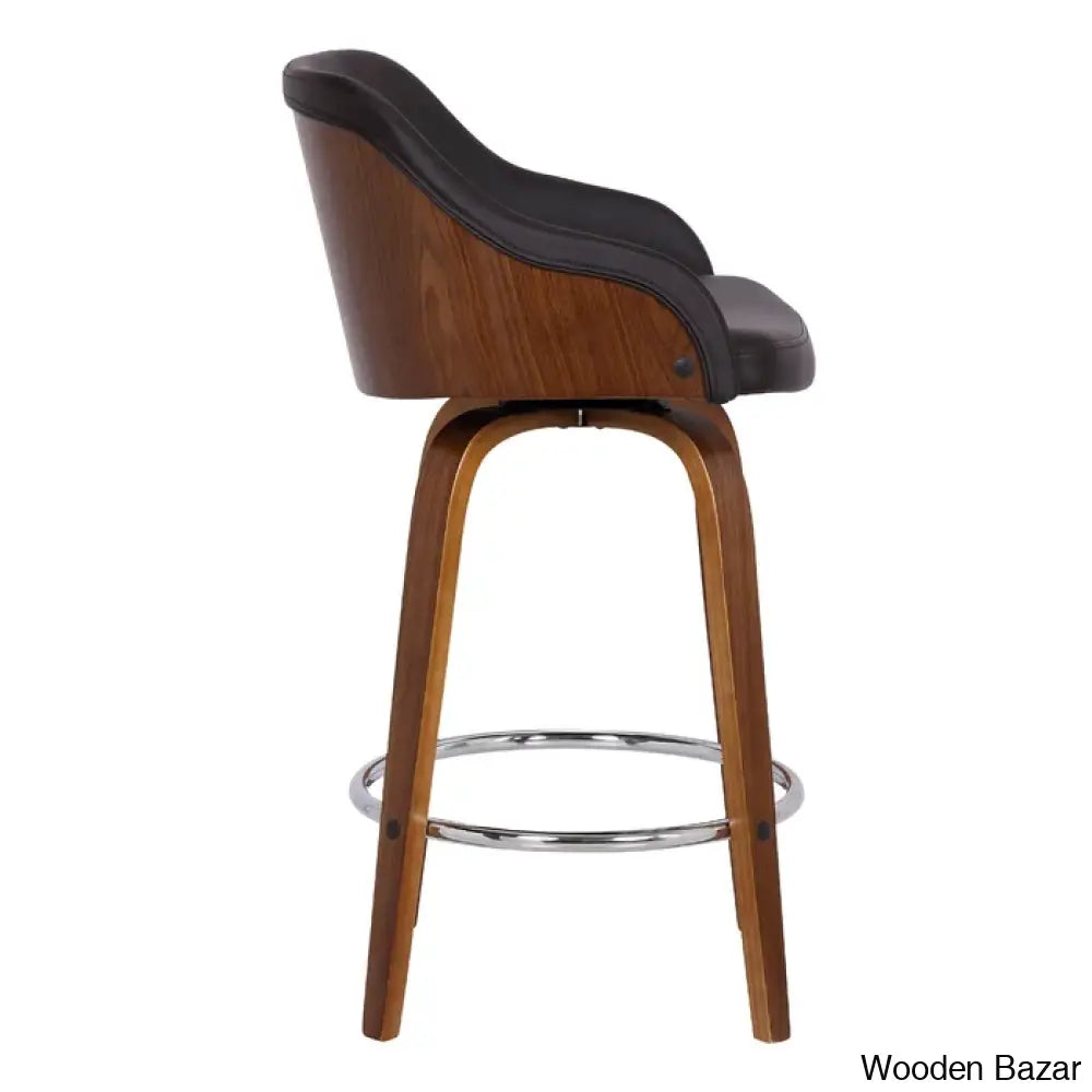 Aikene Swivel Counter Or Bar Height Stool With Arms In Faux Leather Plywood And Metal Footrest