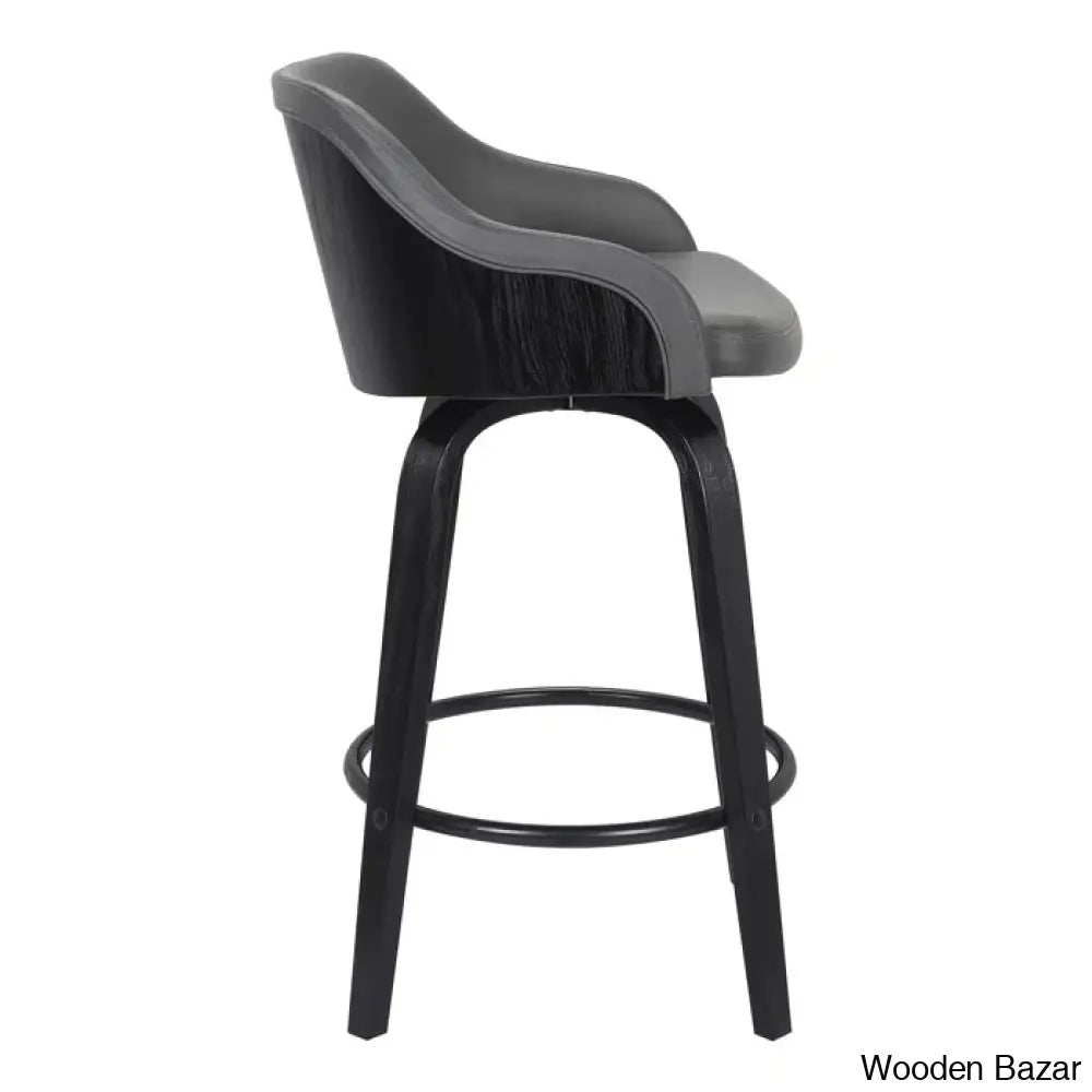 Aikene Swivel Counter Or Bar Height Stool With Arms In Faux Leather Plywood And Metal Footrest