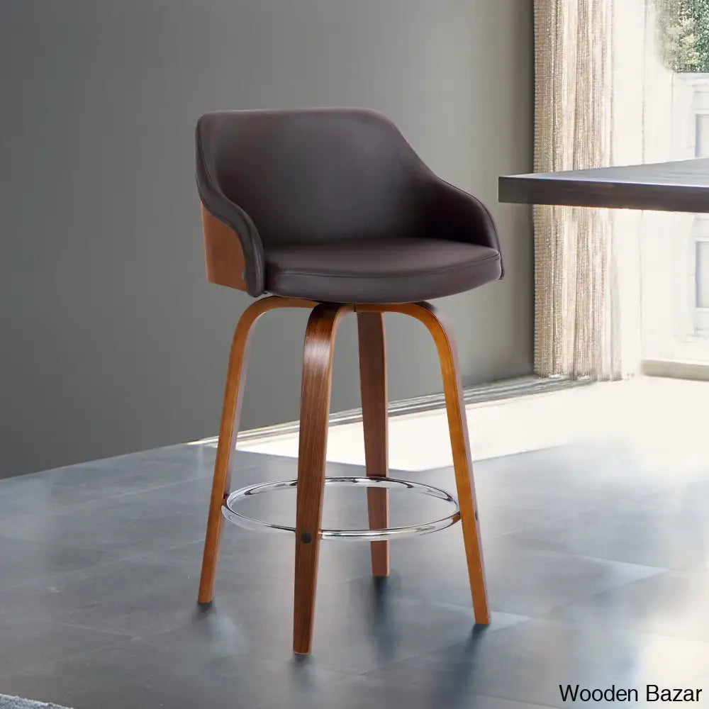 Aikene Swivel Counter Or Bar Height Stool With Arms In Faux Leather Plywood And Metal Footrest