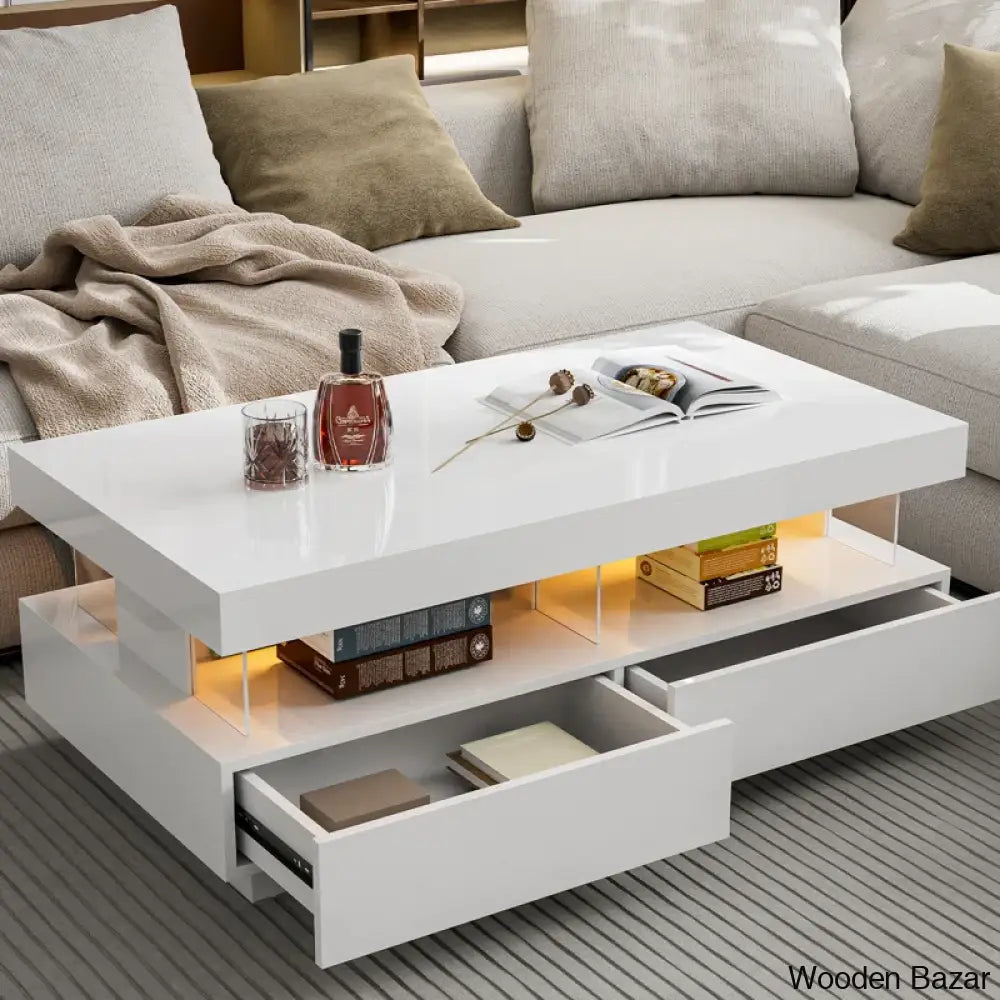 Ajhania High Glossy Coffee And Center Table With Acrylic Design Open Space 2 Storage Drawers