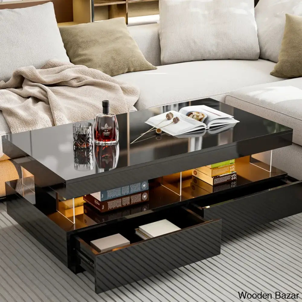 Ajhania High Glossy Coffee And Center Table With Acrylic Design Open Space 2 Storage Drawers