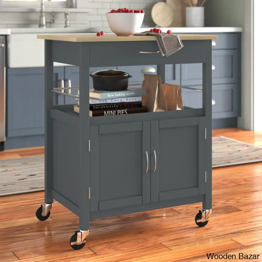 Alezandro Solid Wood Top Kitchen Island Trolley Cart Cabinet Kitchen Island With Storage