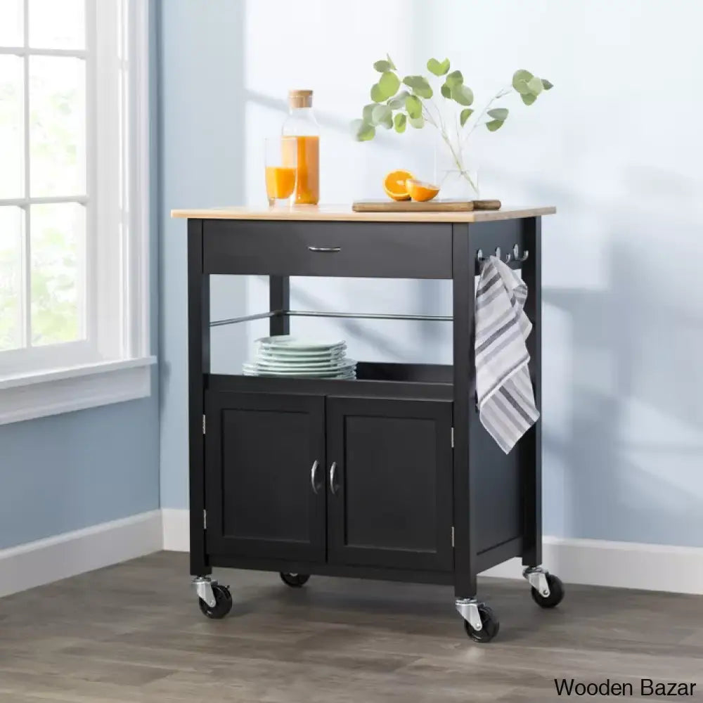 Alezandro Solid Wood Top Kitchen Island Trolley Cart Cabinet Kitchen Island With Storage Black