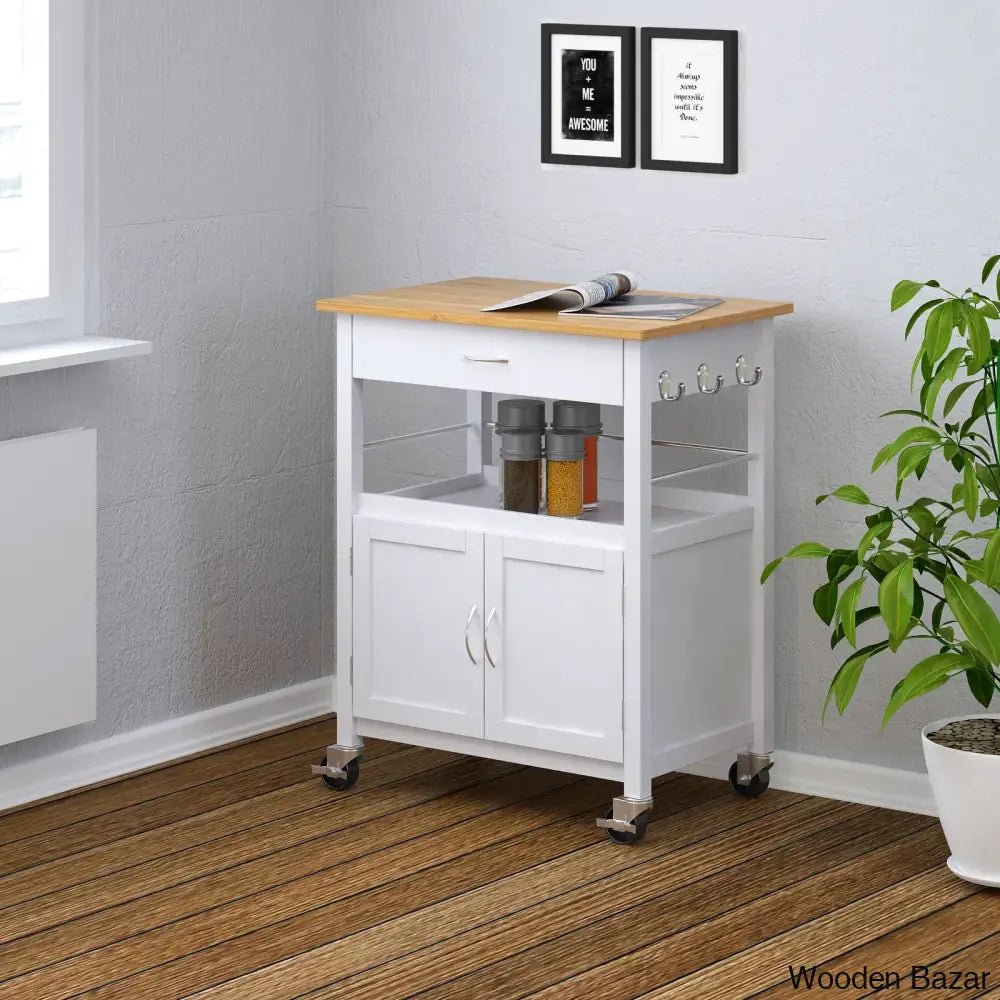 Alezandro Solid Wood Top Kitchen Island Trolley Cart Cabinet Kitchen Island With Storage White