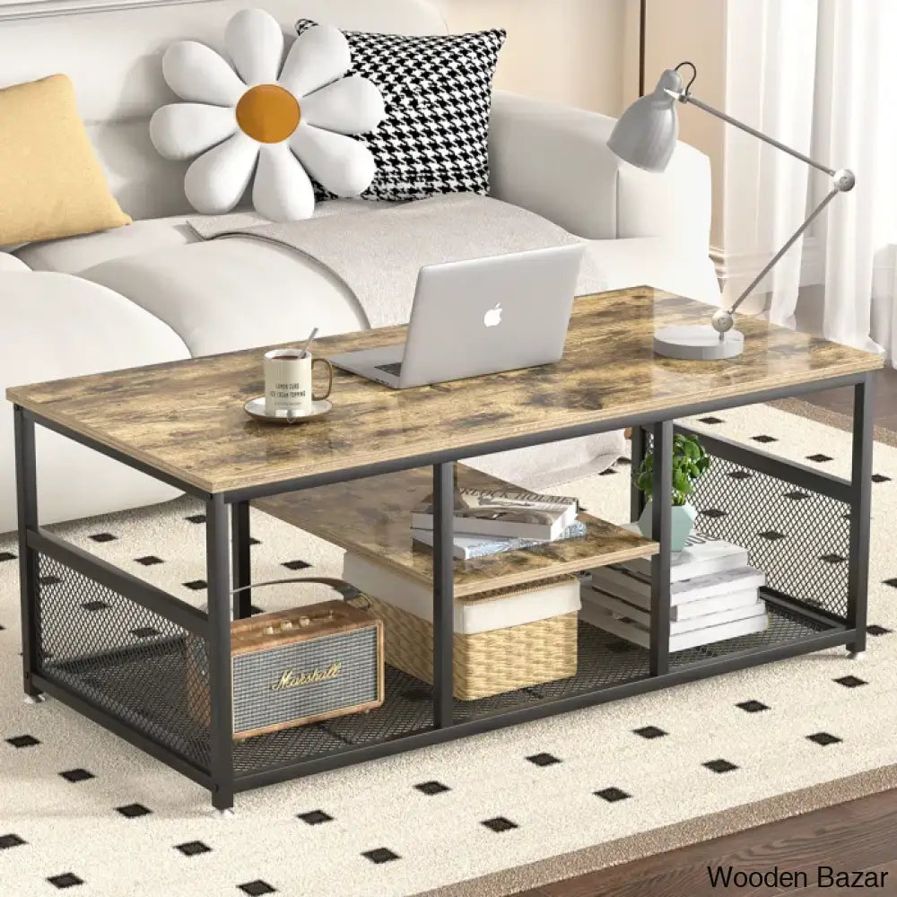 Alok Industrial Coffee And Center Table With Storage Shelf Cocktail Accent Furniture For Living Room