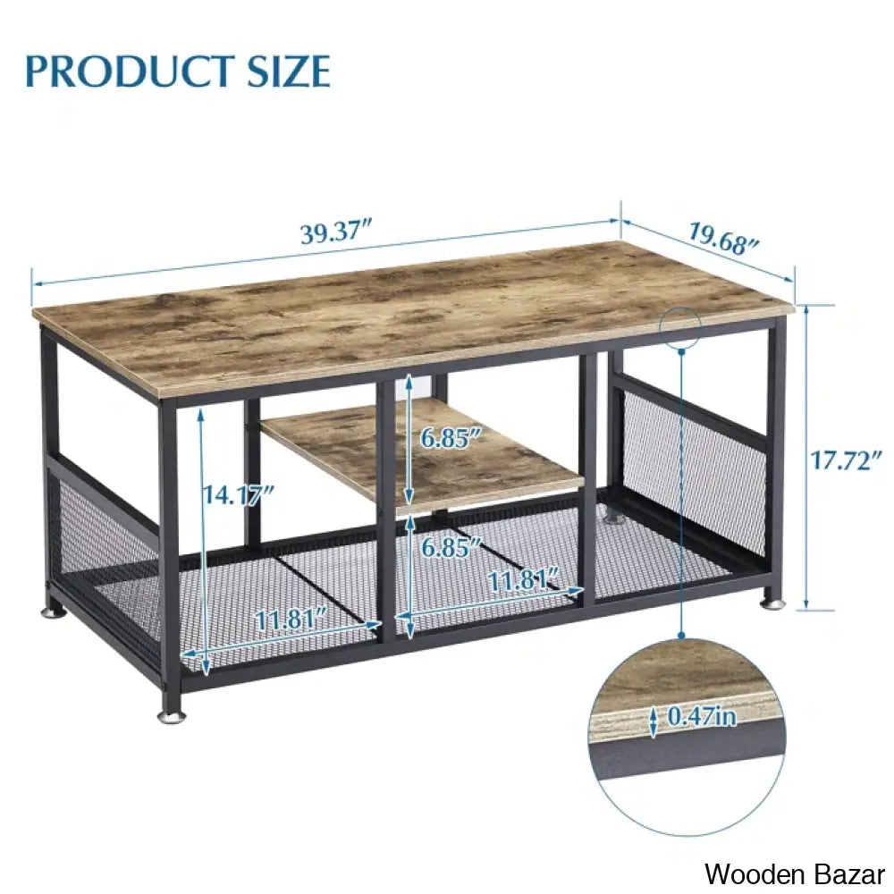 Alok Industrial Coffee And Center Table With Storage Shelf Cocktail Accent Furniture For Living Room