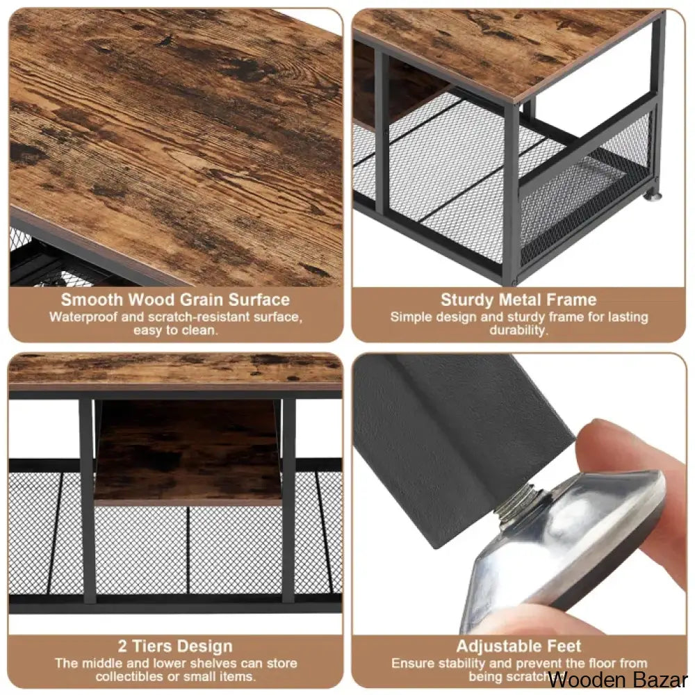 Alok Industrial Coffee And Center Table With Storage Shelf Cocktail Accent Furniture For Living Room