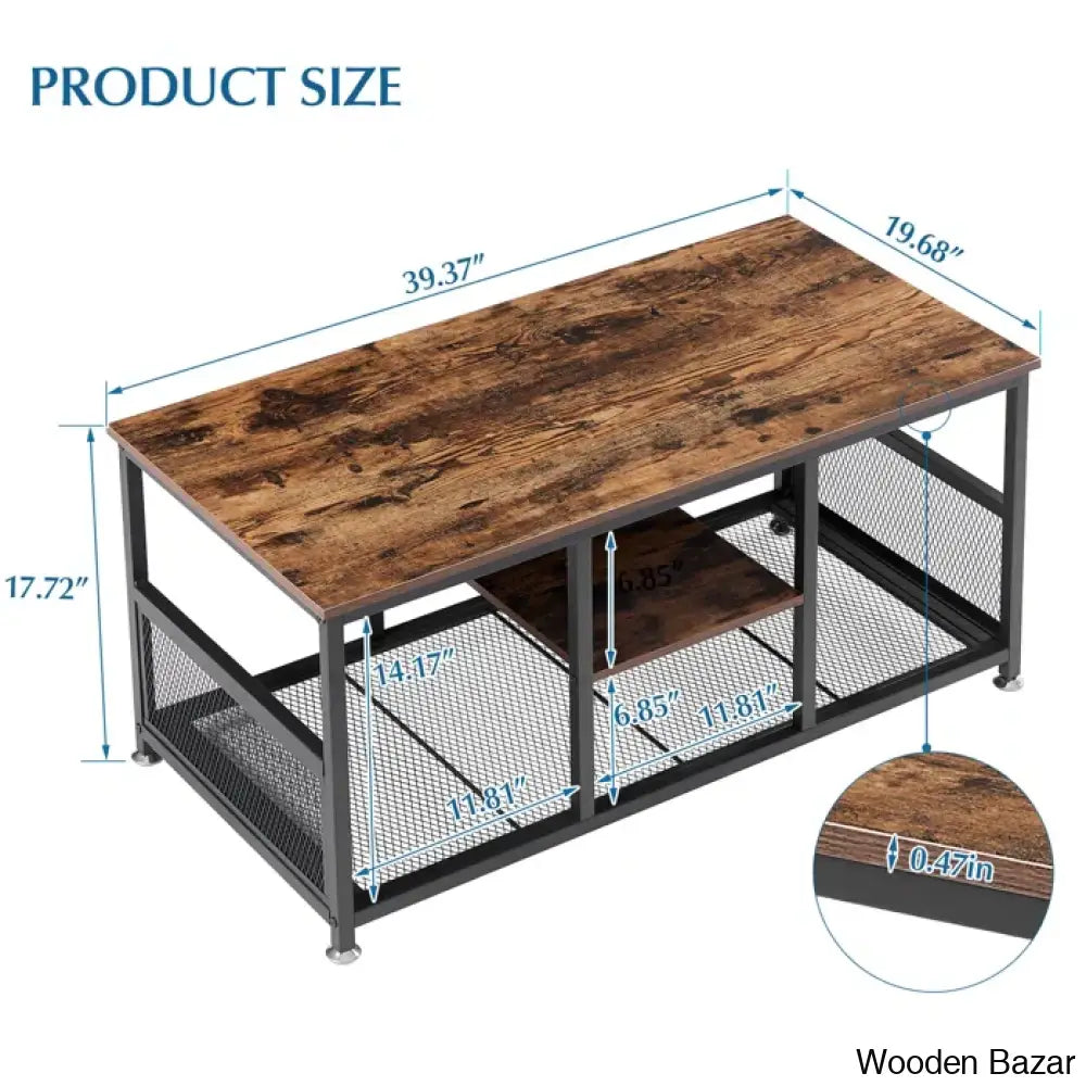 Alok Industrial Coffee And Center Table With Storage Shelf Cocktail Accent Furniture For Living Room