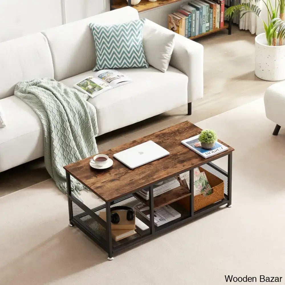 Alok Industrial Coffee And Center Table With Storage Shelf Cocktail Accent Furniture For Living Room