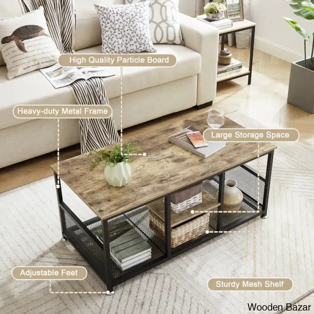 Alok Industrial Coffee And Center Table With Storage Shelf Cocktail Accent Furniture For Living Room