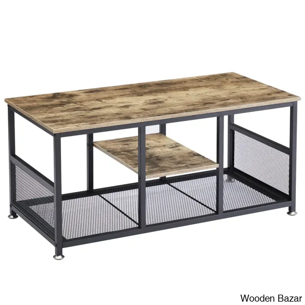 Alok Industrial Coffee And Center Table With Storage Shelf Cocktail Accent Furniture For Living Room