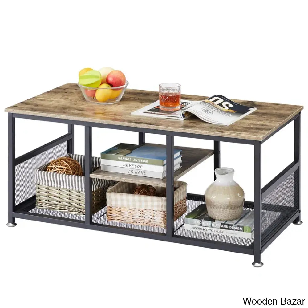 Alok Industrial Coffee And Center Table With Storage Shelf Cocktail Accent Furniture For Living Room