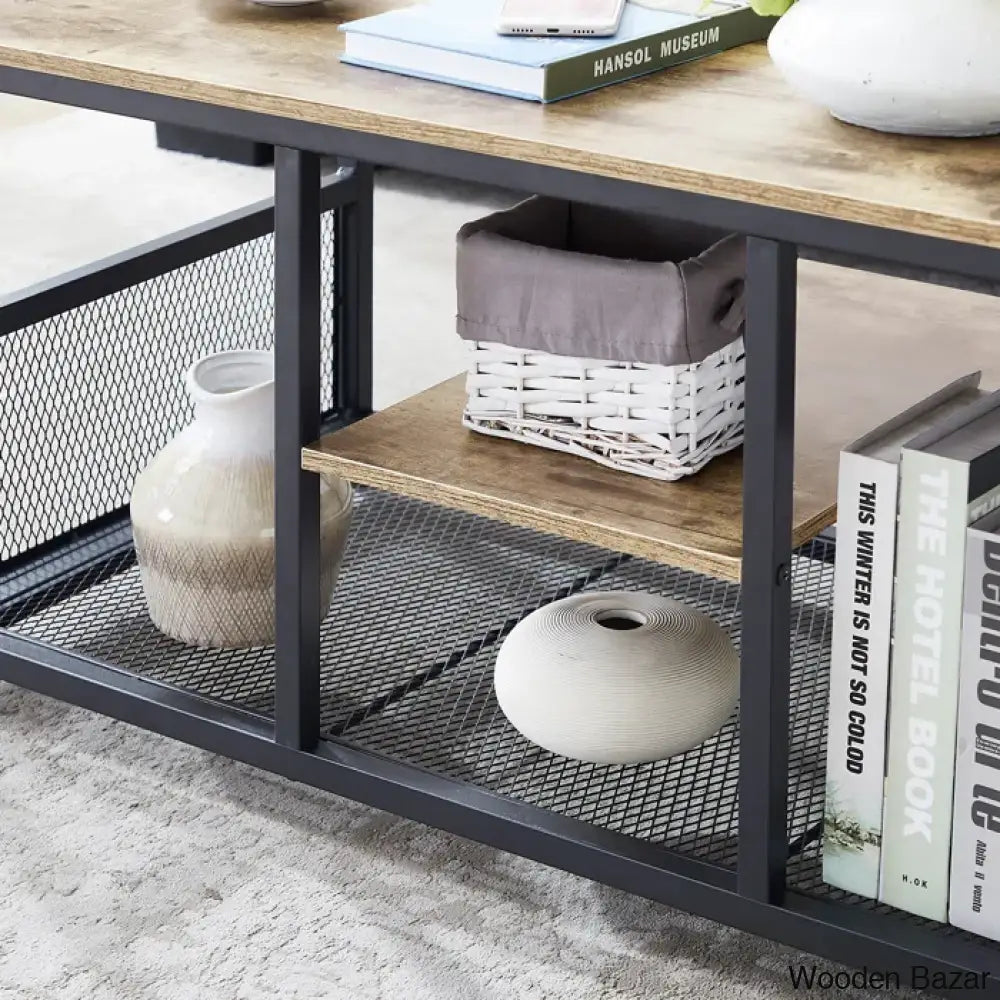 Alok Industrial Coffee And Center Table With Storage Shelf Cocktail Accent Furniture For Living Room