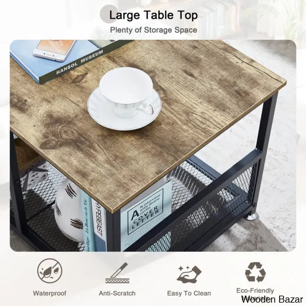 Alok Industrial Coffee And Center Table With Storage Shelf Cocktail Accent Furniture For Living Room