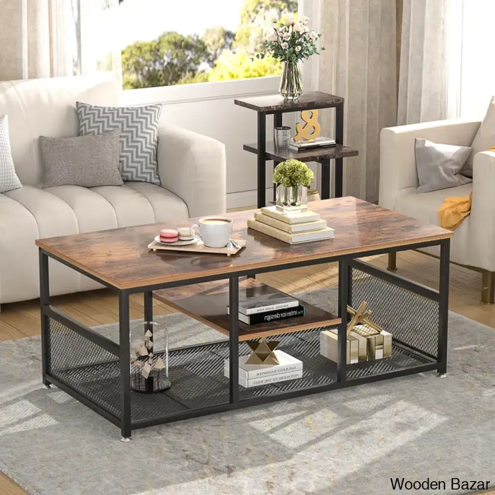 Alok Industrial Coffee And Center Table With Storage Shelf Cocktail Accent Furniture For Living Room