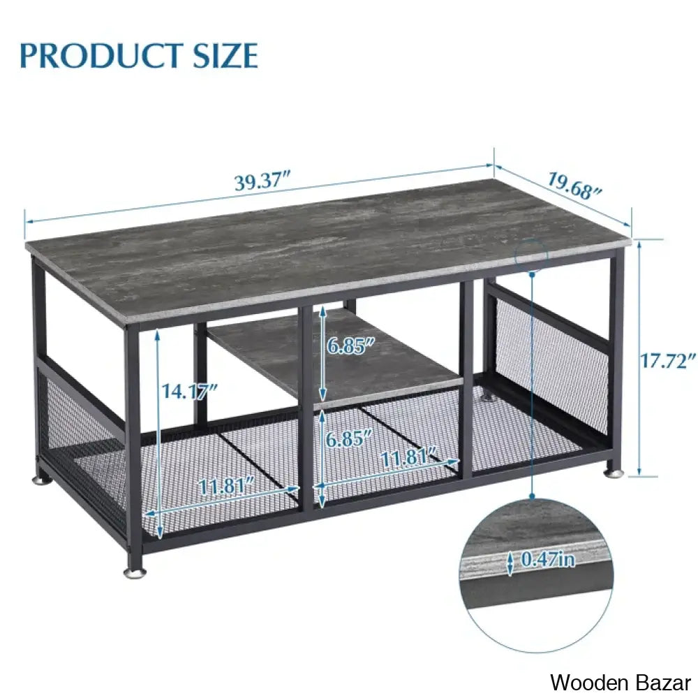 Alok Industrial Coffee And Center Table With Storage Shelf Cocktail Accent Furniture For Living Room