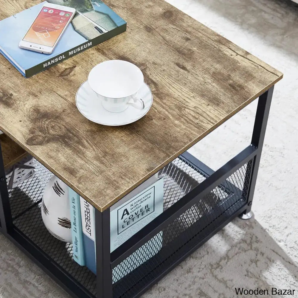 Alok Industrial Coffee And Center Table With Storage Shelf Cocktail Accent Furniture For Living Room