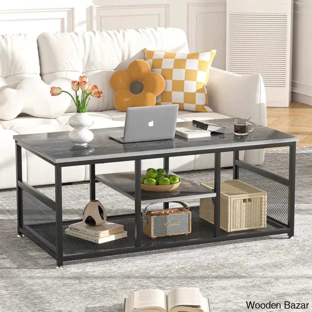 Alok Industrial Coffee And Center Table With Storage Shelf Cocktail Accent Furniture For Living Room