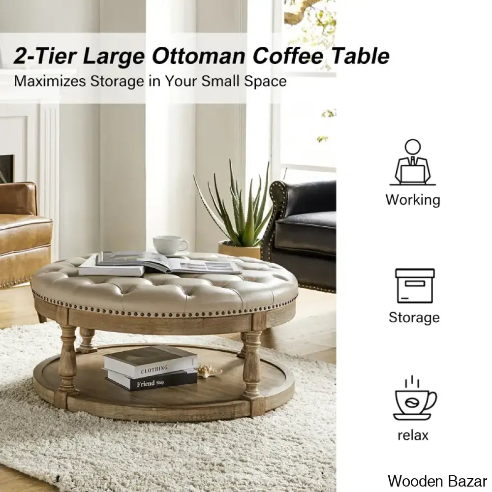 Amelianay Transitional Vegan Leather Storage Button-Tufted Ottoman Coffee And Center Table