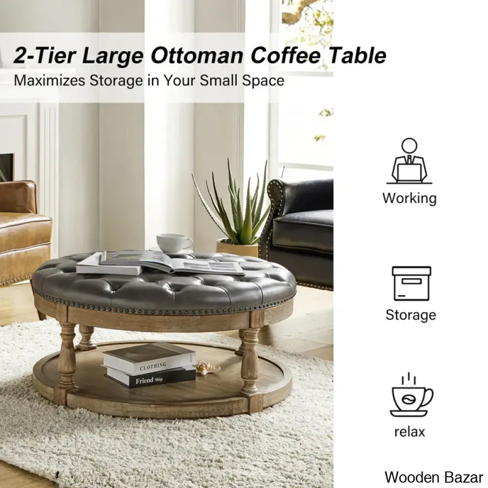 Amelianay Transitional Vegan Leather Storage Button-Tufted Ottoman Coffee And Center Table