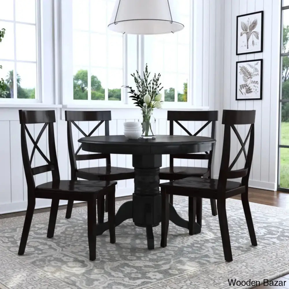 Amrohan 4 Seater Solid Wood Pedestal Dining Set Black