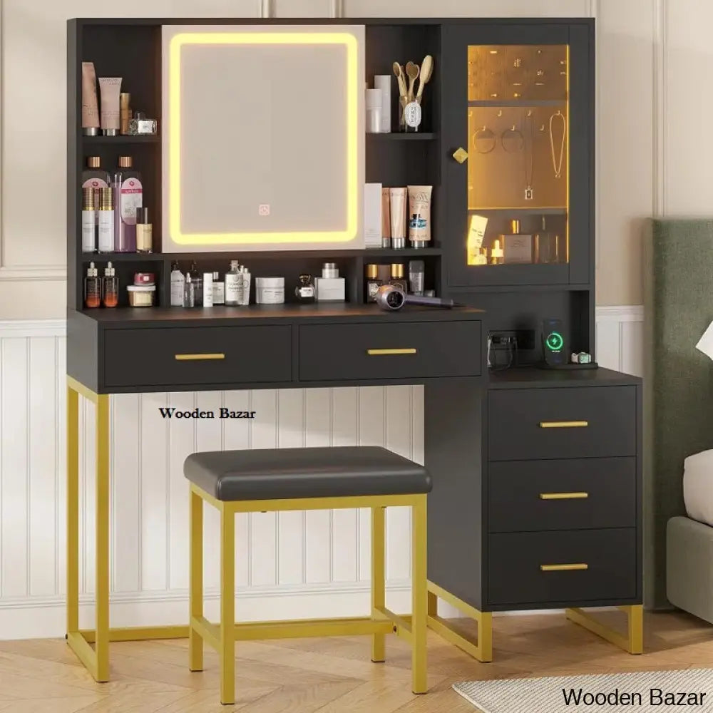 Annahy Vanity Dressing Table With Lighted Mirror And Stool Black
