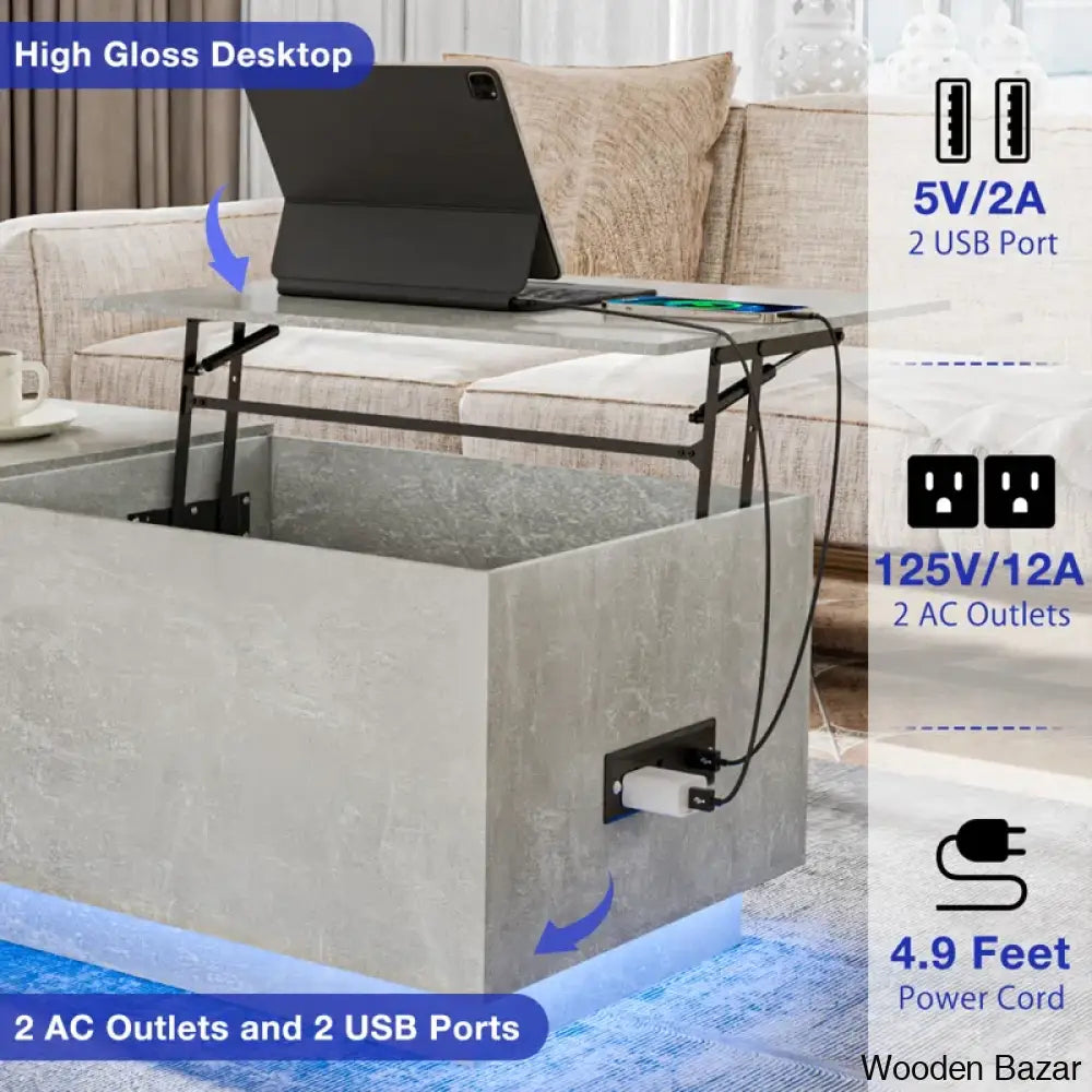 Anushreen Lift Top Coffee And Center Table With Charging Station Rgb Led Lights Hidden Storage