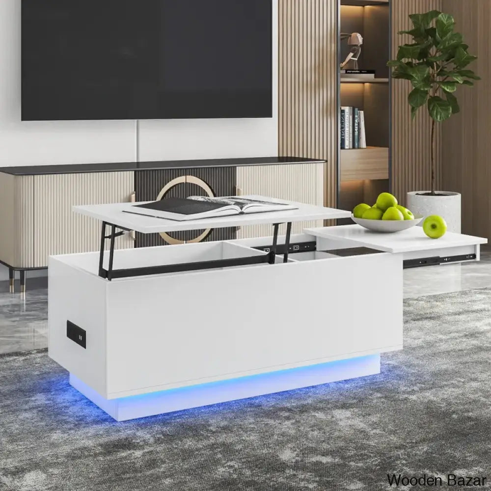 Anushreen Lift Top Coffee And Center Table With Charging Station Rgb Led Lights Hidden Storage