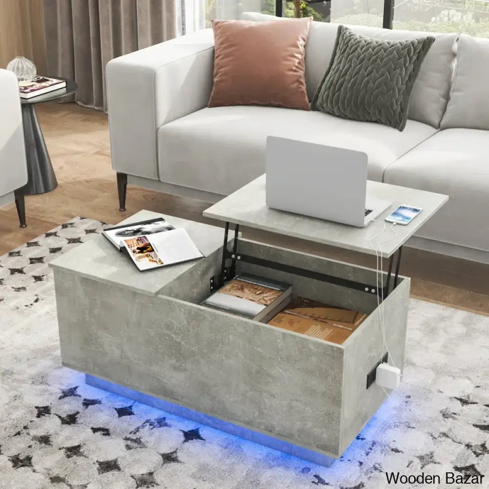 Anushreen Lift Top Coffee And Center Table With Charging Station Rgb Led Lights Hidden Storage